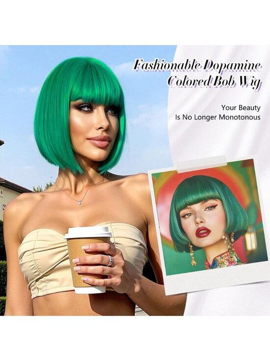Women Green Heat Resistant Synthetic Bob Party Neon Wig Bangs 12 Inch main image 7